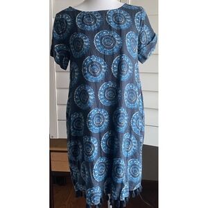 Roller Rabbit Blue Indigo Medallion Ambrose Hinata Linen Shift Dress  S Pockets‎
